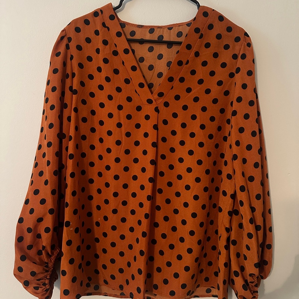 Polka Dot V-Neck Blouse - Orange and Black